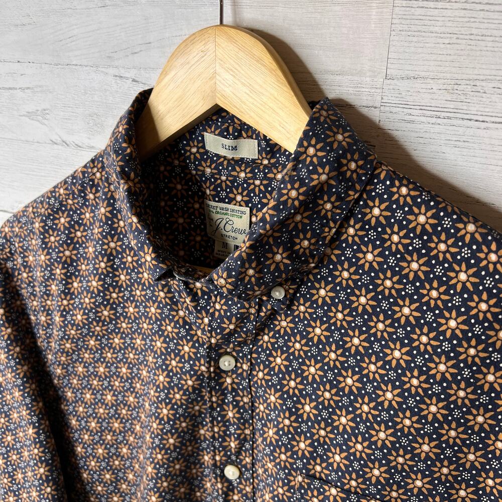 J Crew Shirt Mens SZ Medium Blue & Gold Geometric Floral Organic Cotton Stretch - Picture 9 of 16